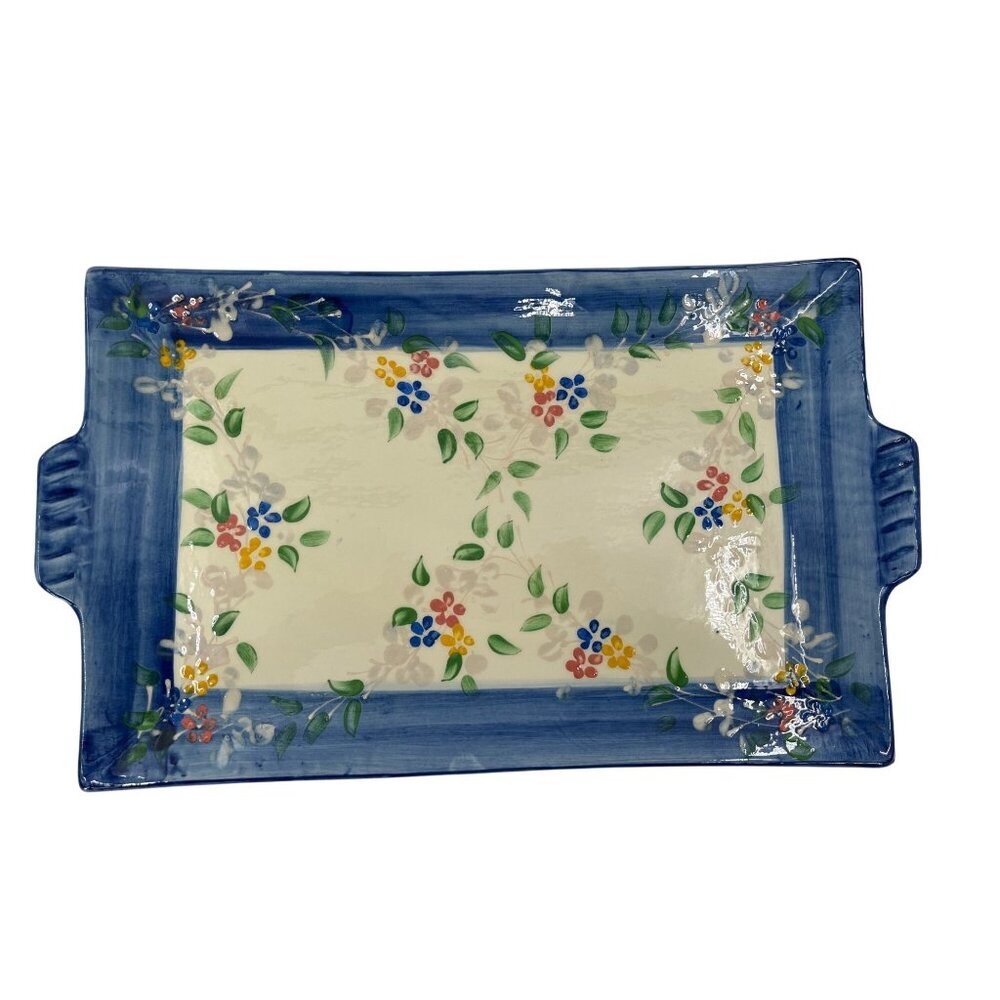 Poterie Provence Hand-Painted Ceramic Serving Platter Floral‎ Blue Border